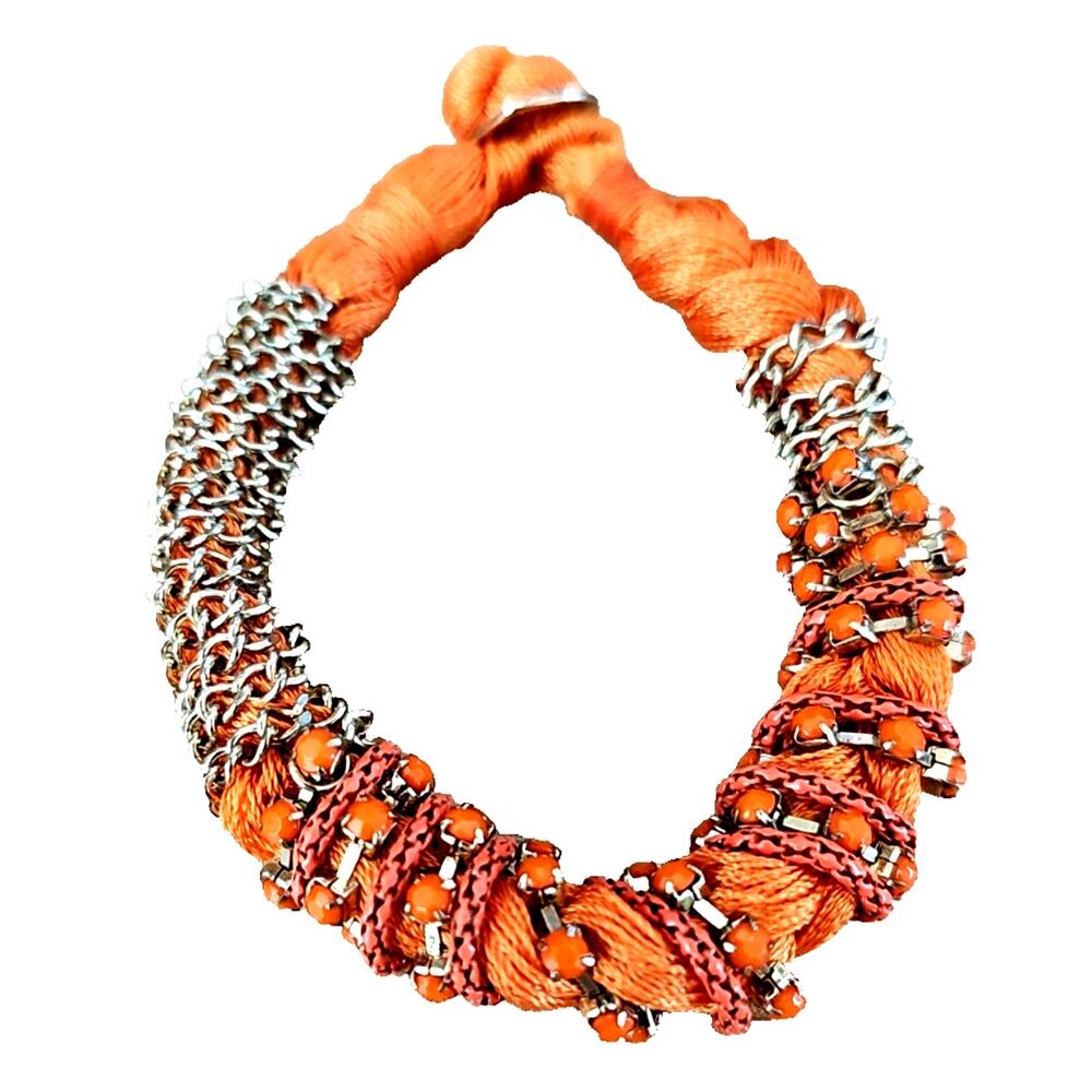 Handcrafted Braided Wrapped With Goldtone Chain And Beaded Orange Bracelet